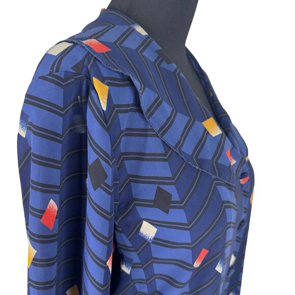 Vintage 80s Geometric Chevron Tunic Blouse Sheer Panels Blue Art Deco Pattern L - Picture 6 of 16